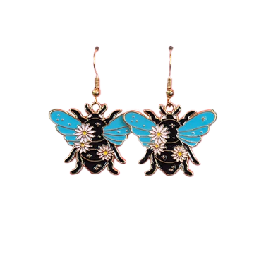 Blue Wing Beetle Floral Dangle Earrings