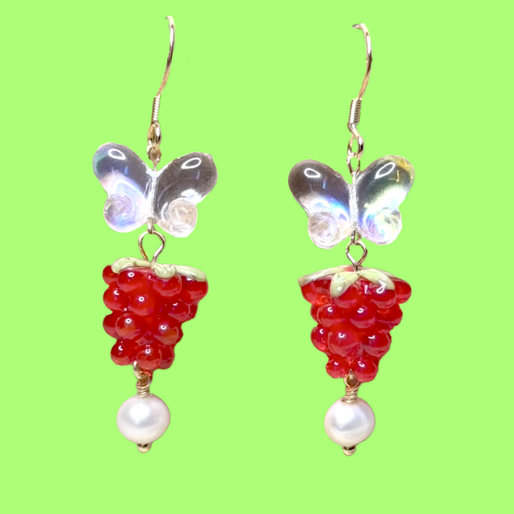 Butterfly Raspberry Beaded Dangle Earrings