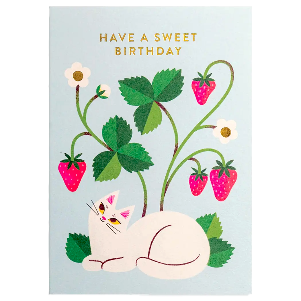 Cat and Strawberry Birthday Card