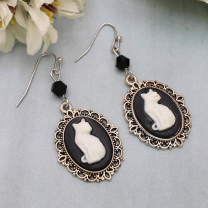 Silver Black Cameo White Cat Dangle Earrings