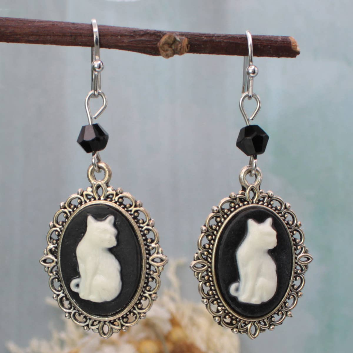 Silver Black Cameo White Cat Dangle Earrings