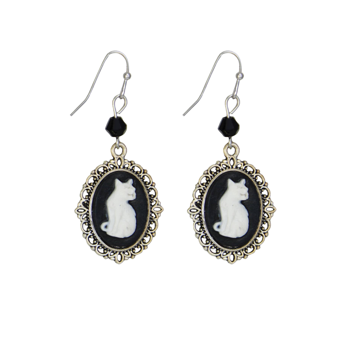 Silver Black Cameo White Cat Dangle Earrings