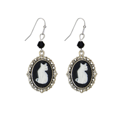 Silver Black Cameo White Cat Dangle Earrings