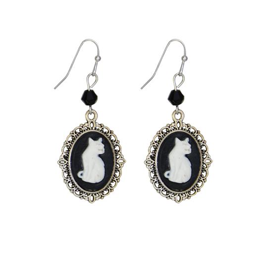 Silver Black Cameo White Cat Dangle Earrings