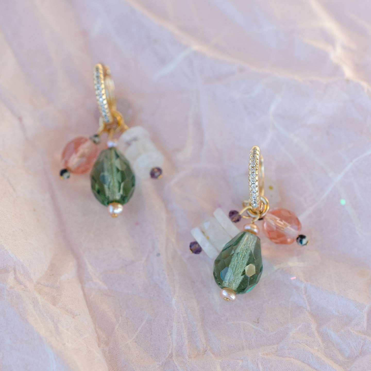 Green & Pink Moonstone Charm Hoop Earrings