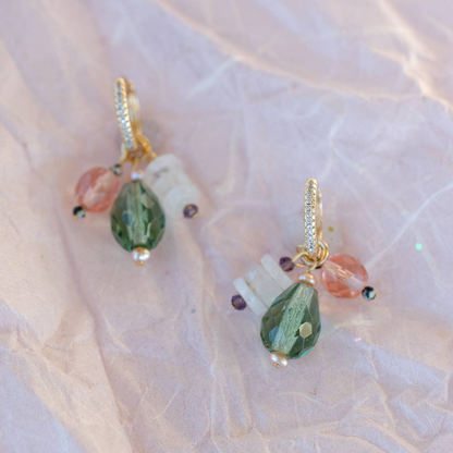 Green & Pink Moonstone Charm Hoop Earrings