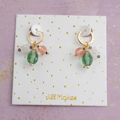Green & Pink Moonstone Charm Hoop Earrings