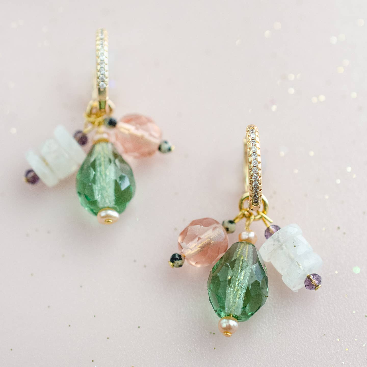 Green & Pink Moonstone Charm Hoop Earrings