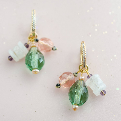 Green & Pink Moonstone Charm Hoop Earrings