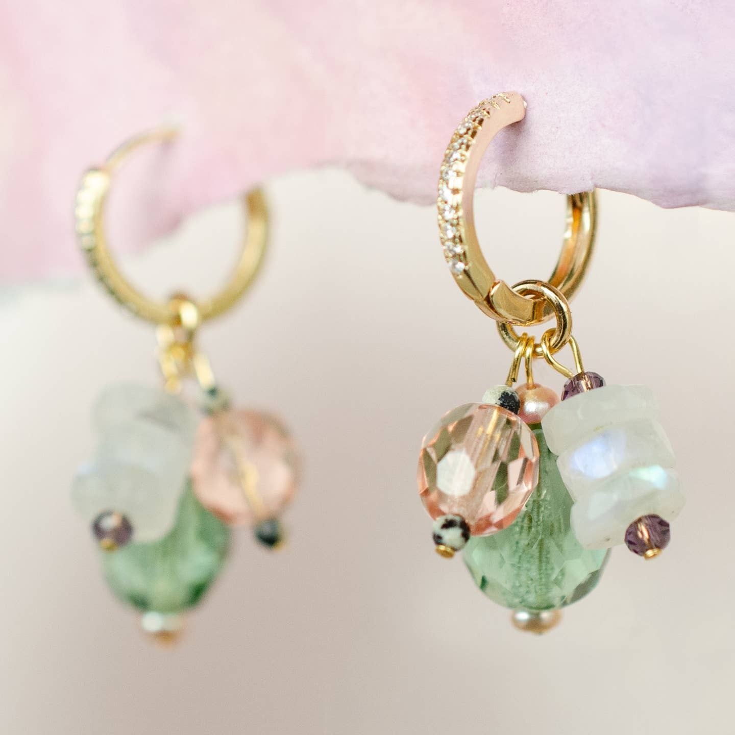 Green & Pink Moonstone Charm Hoop Earrings