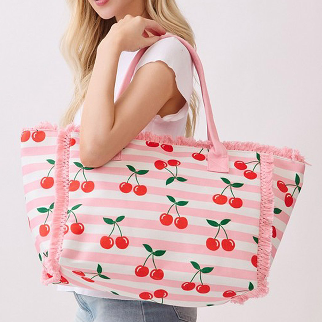 Cherry Stripe Fringe Tote Bag
