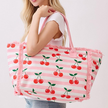 Cherry Stripe Fringe Tote Bag