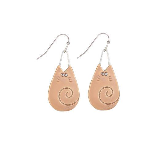 Copper Kitty Teardrop Dangle Earrings