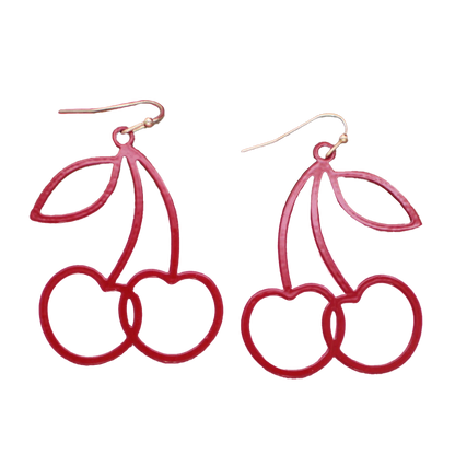 Double Red Cherries Outline Dangle Earrings