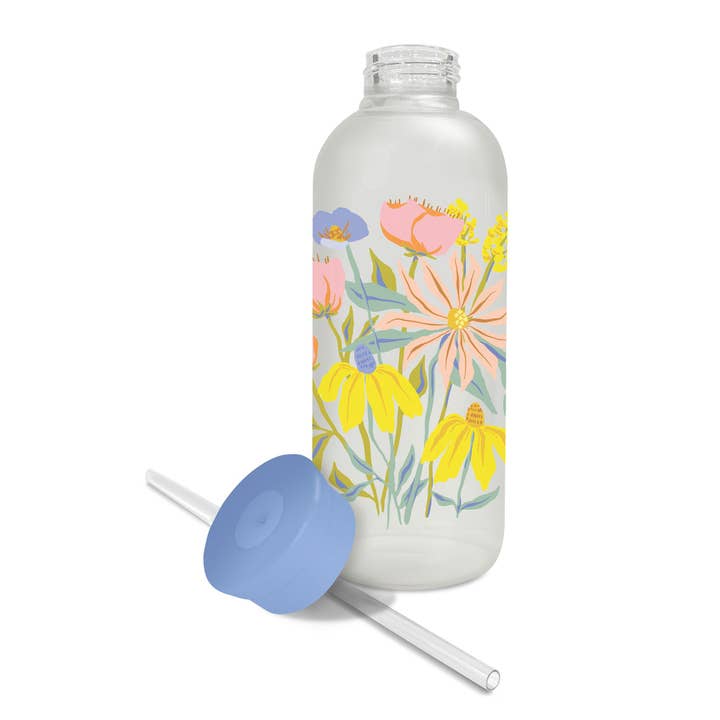 Springtime Blooms Glass Water Bottle with Straw