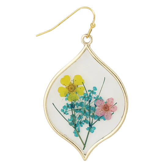 Yellow and Pink Pressed Flower Marquise Dangle Earrings
