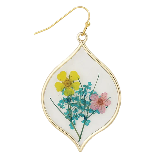 Yellow and Pink Pressed Flower Marquise Dangle Earrings