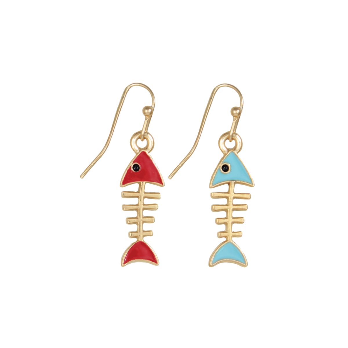 Gold Enamel Fishbone Dangle Earrings