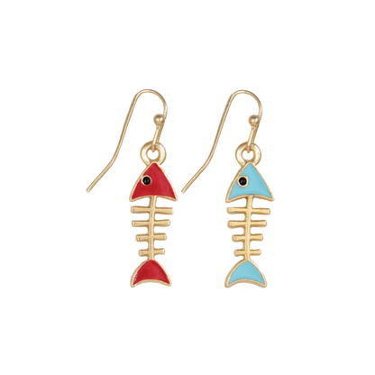 Gold Enamel Fishbone Dangle Earrings