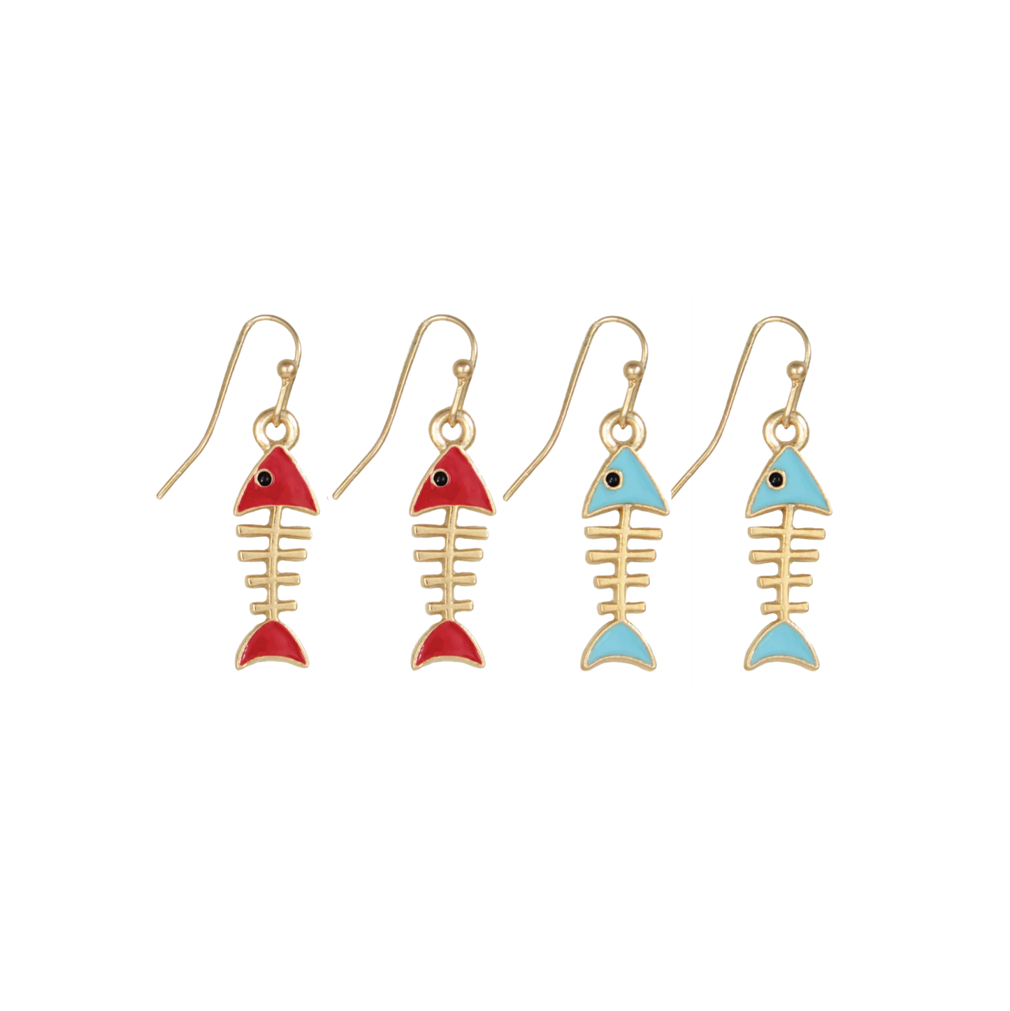 Gold Enamel Fishbone Dangle Earrings