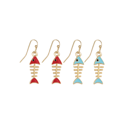 Gold Enamel Fishbone Dangle Earrings