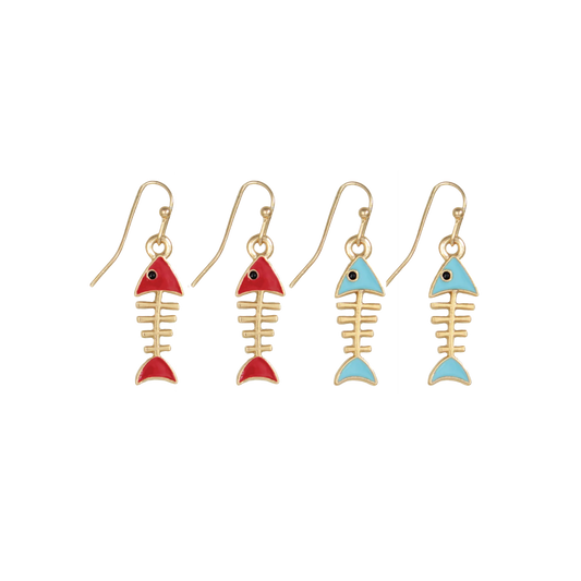 Gold Enamel Fishbone Dangle Earrings