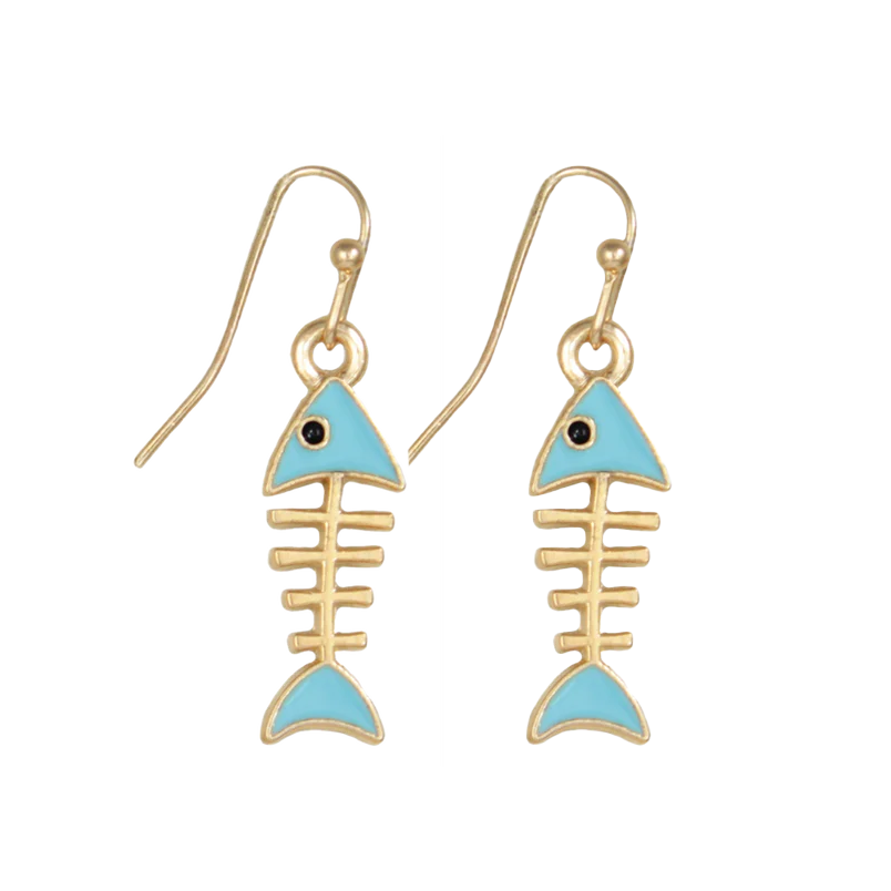 Gold Enamel Fishbone Dangle Earrings
