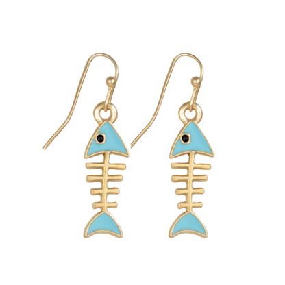 Gold Enamel Fishbone Dangle Earrings