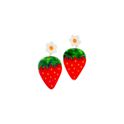 Strawberries and Flowers Acetate Dangle Earrings
