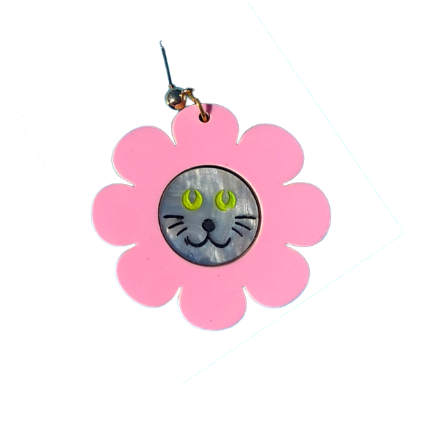 Cat in Flower Hat Dangle Earrings