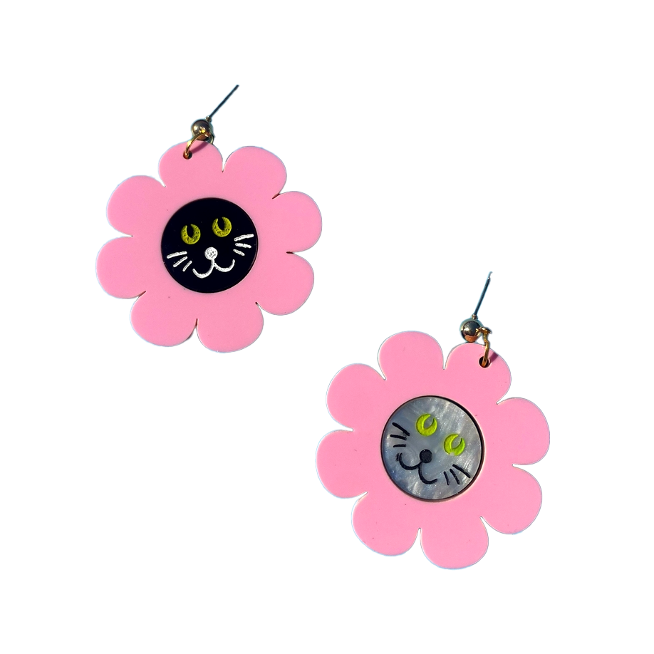 Cat in Flower Hat Dangle Earrings