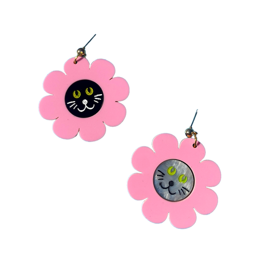 Cat in Flower Hat Dangle Earrings