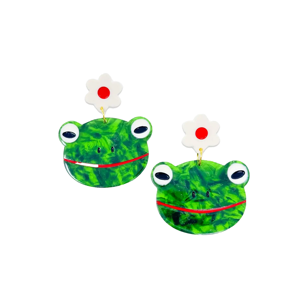 Frog and Flowers Dangle Earrings