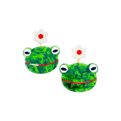 Frog and Flowers Dangle Earrings