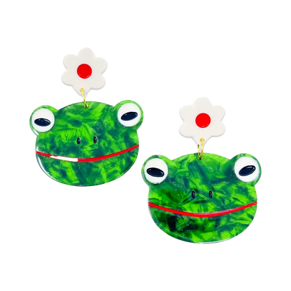 Frog and Flowers Dangle Earrings