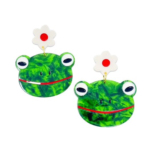 Frog and Flowers Dangle Earrings