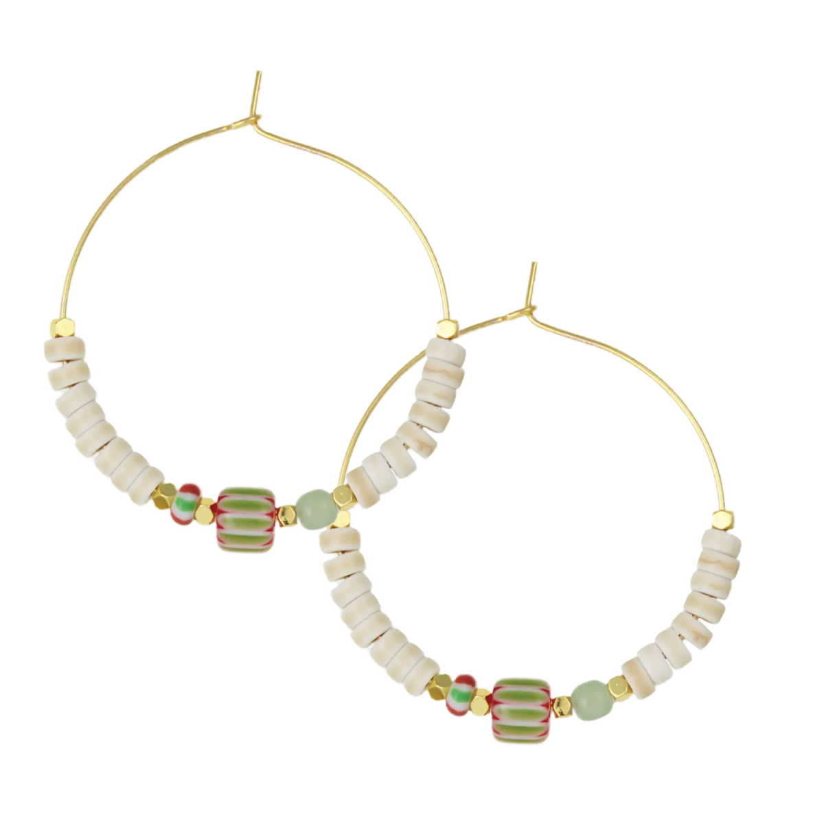 White and Green Millefiore Beaded Gold Hoops