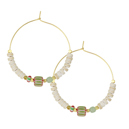 White and Green Millefiore Beaded Gold Hoops