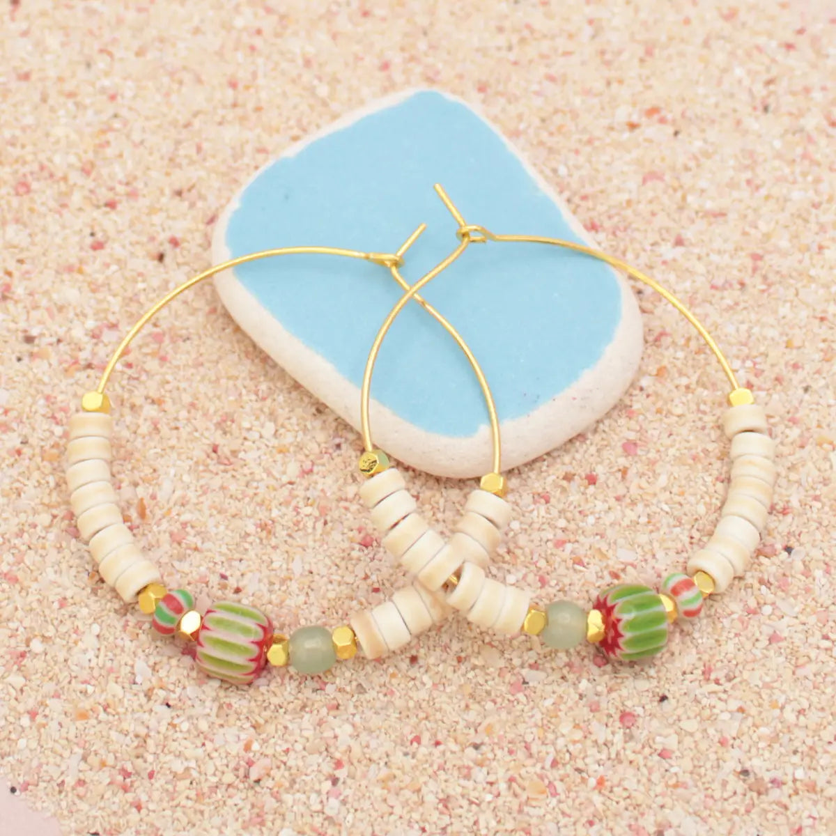 White and Green Millefiore Beaded Gold Hoops