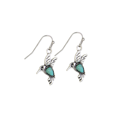 Silver Hummingbird Turquoise Dangle Earrings