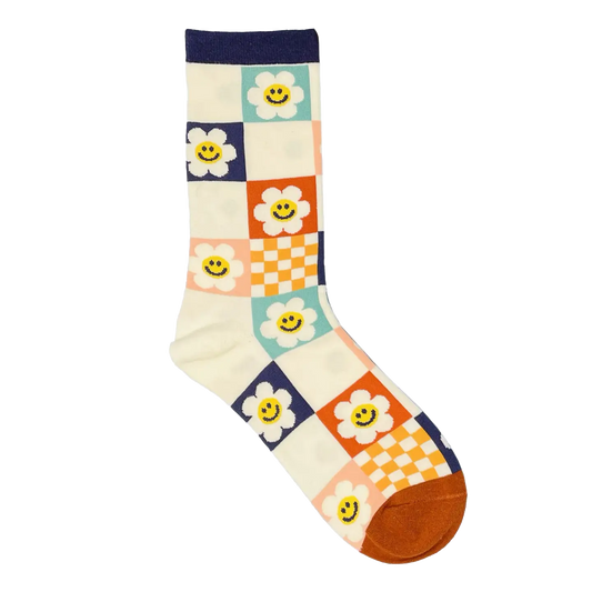 Smiley Face Flower Checkerboard - Women's Socks