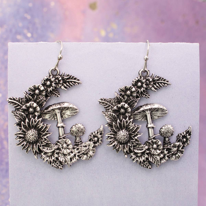 Mystic Mushroom Flower Moon Dangle Earrings