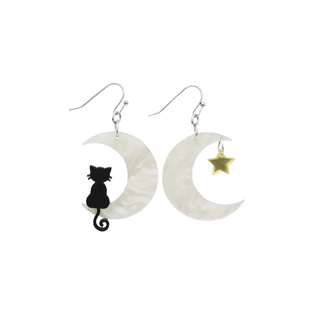 Crescent Moon Sitting Kitty Dangle Earrings