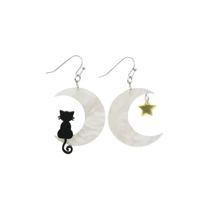 Crescent Moon Sitting Kitty Dangle Earrings