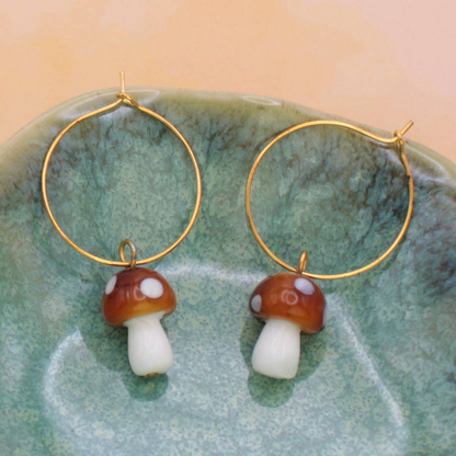 Glass Mushroom Drop Gold Dangle Earrings