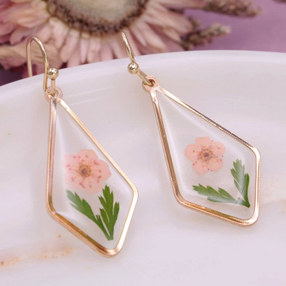 Pink Dried Flower Gold Diamond Dangle Earrings