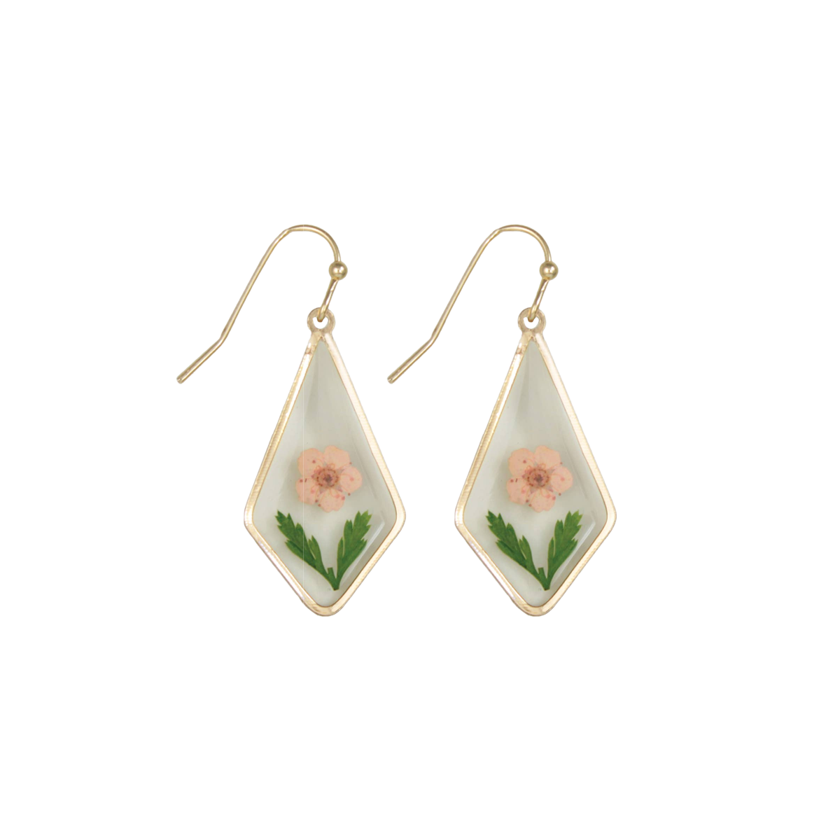 Pink Dried Flower Gold Diamond Dangle Earrings