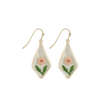 Pink Dried Flower Gold Diamond Dangle Earrings