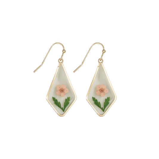 Pink Dried Flower Gold Diamond Dangle Earrings