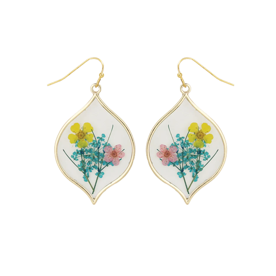 Yellow and Pink Pressed Flower Marquise Dangle Earrings